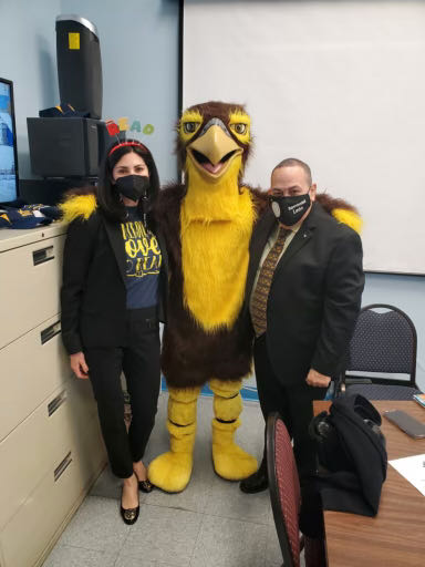 Superintendent León, Principal Panitch and the Franklin School Falcon Mascot