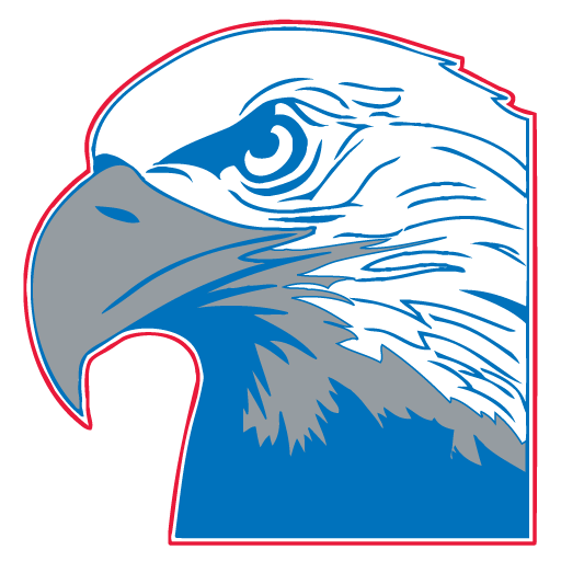 A blue eagle logo with grey shading and a red outline