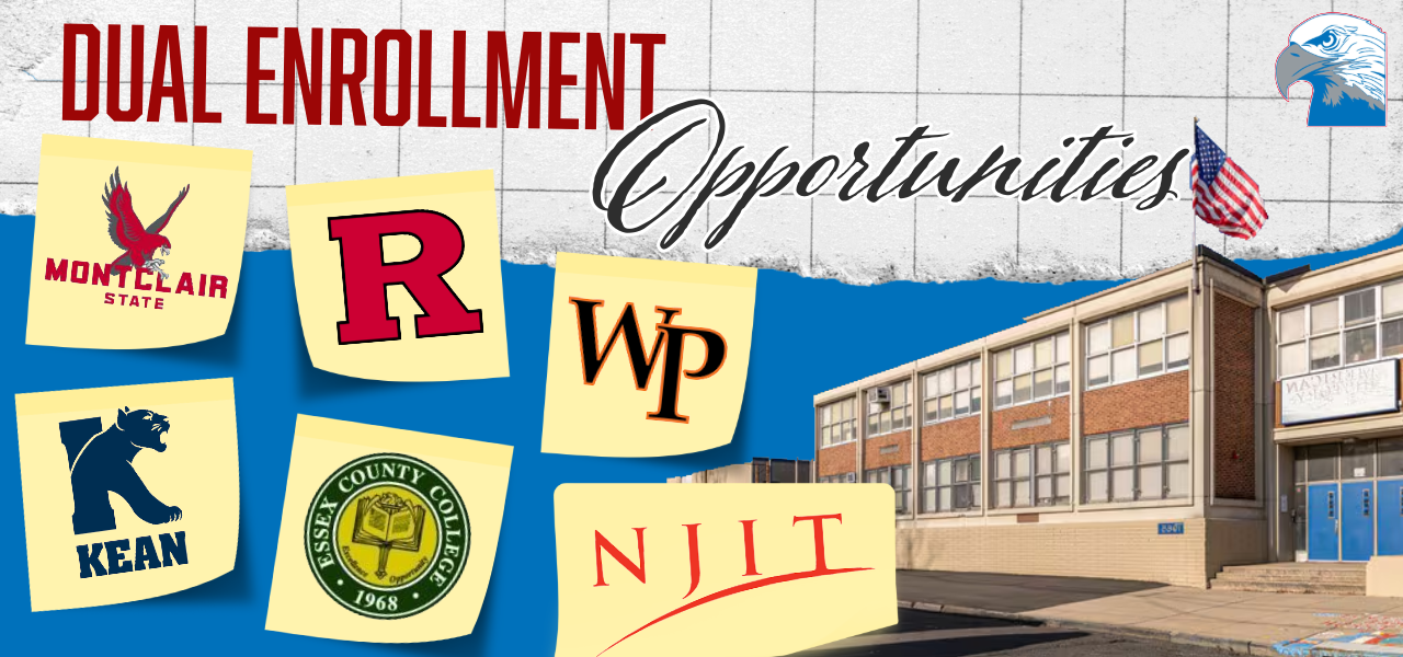 This slide says "Dual Enrollment Opportunities" with sticky notes showing the logos of Montclair State, Kean, Rutgers, Essex County College, William Patterson, and NJIT. In the lower right hand corner, there is a picture of the AHHS building.