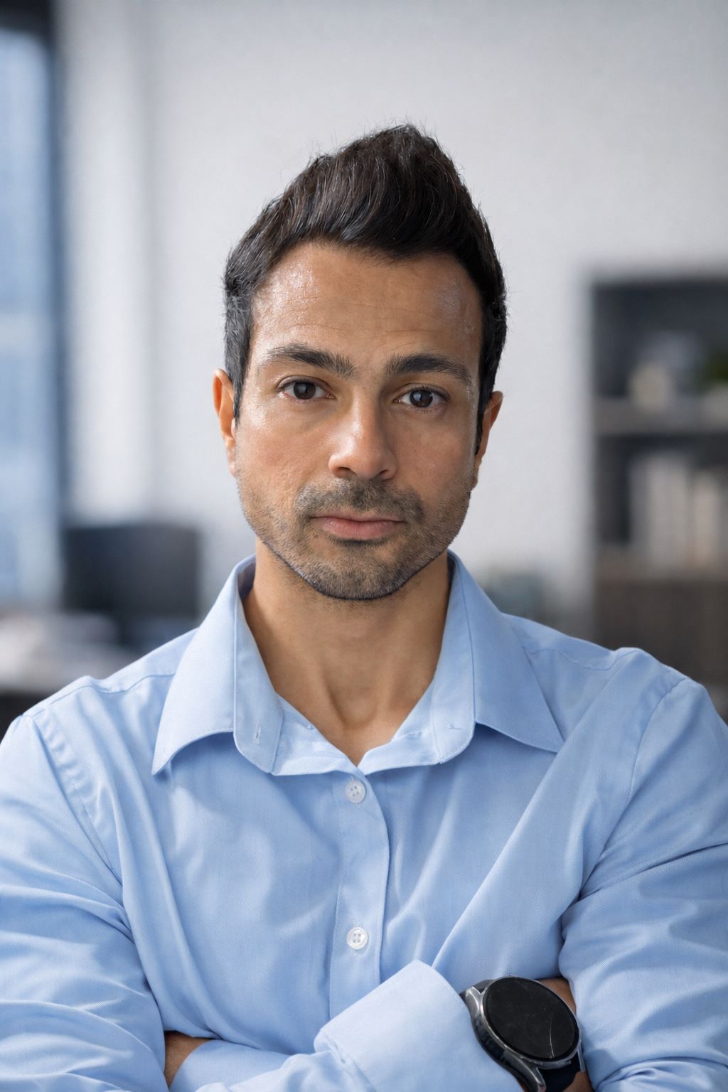 Gerardo Valenzuela wearing a blue-collared dress shirt with his arms crossed in front of an office-like background.