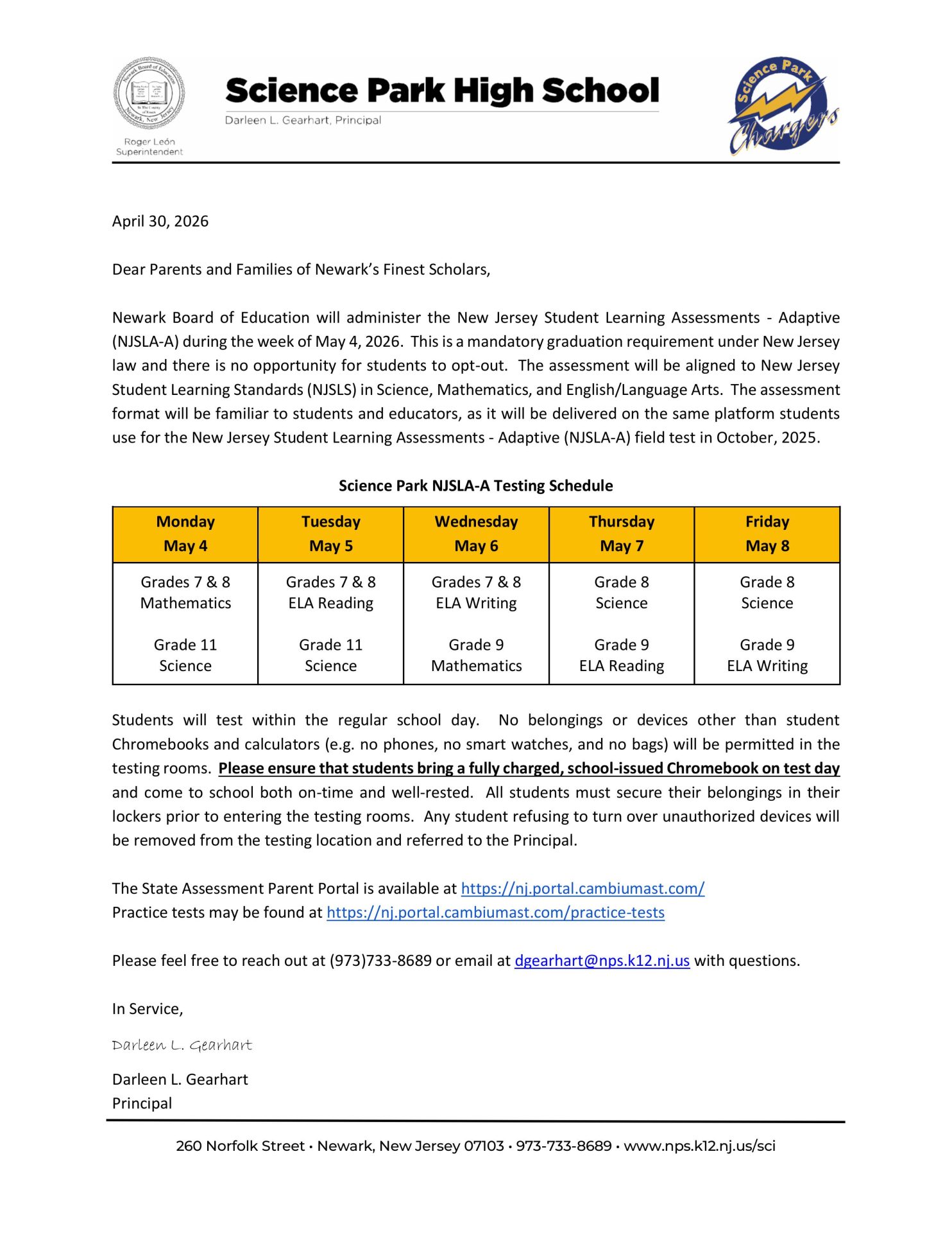 SPHS NJSLA Parent Letter - Spring 2026