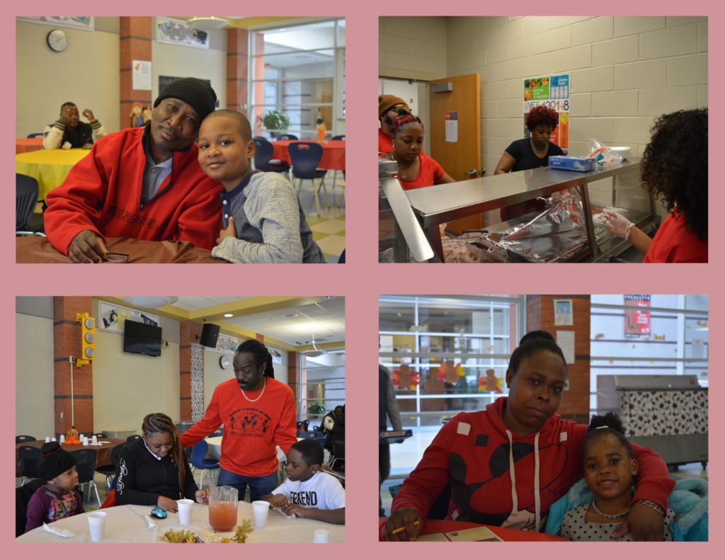 Four photos of Community Day 2017 on a light red background. Pictures from top left, clockwise: parent and child seated; volunteers serving meals; mother and daughter seated; family seated and server volunteer