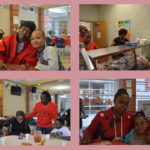 Four photos of Community Day 2017 on a light red background. Pictures from top left, clockwise: parent and child seated; volunteers serving meals; mother and daughter seated; family seated and server volunteer
