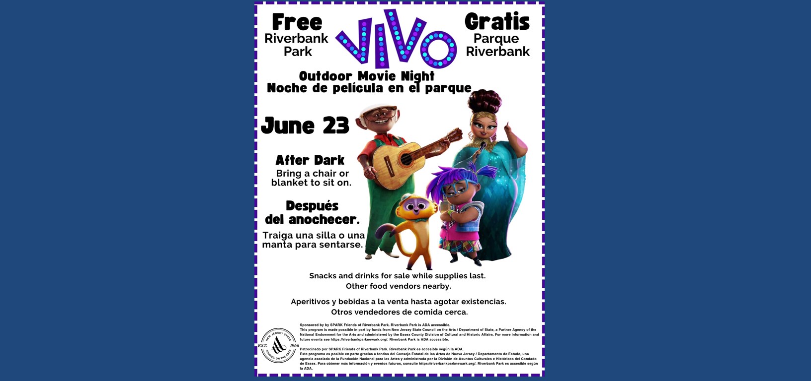 Free at Riverbank Park. Vivo Outdoor Movie Night. June 23rd. After dark. Bring a chair or blanket to sit on. Snack and drinks for sale while supplies last. Other food vendors nearby.