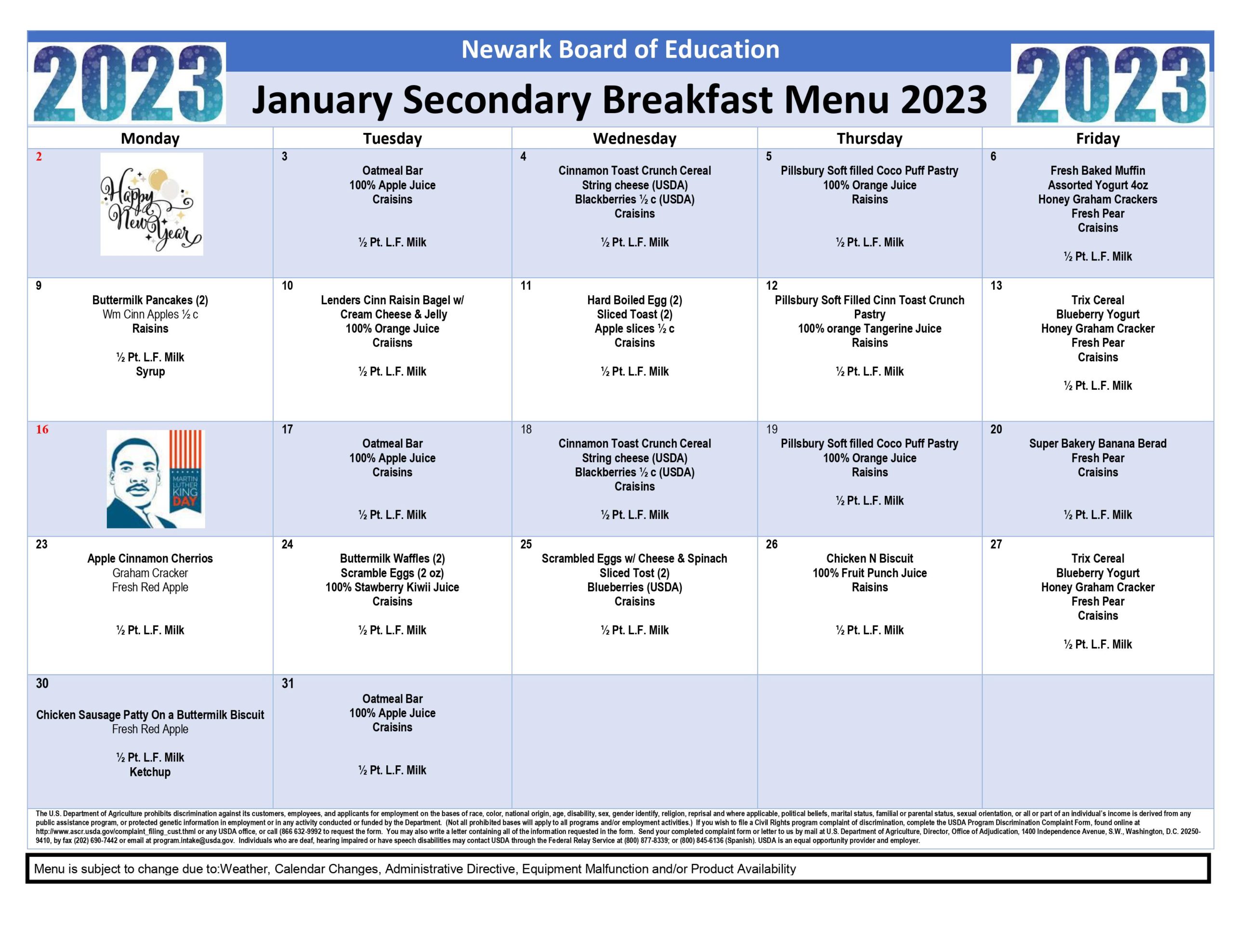 January 2023 - Secondary Breakfast Menu