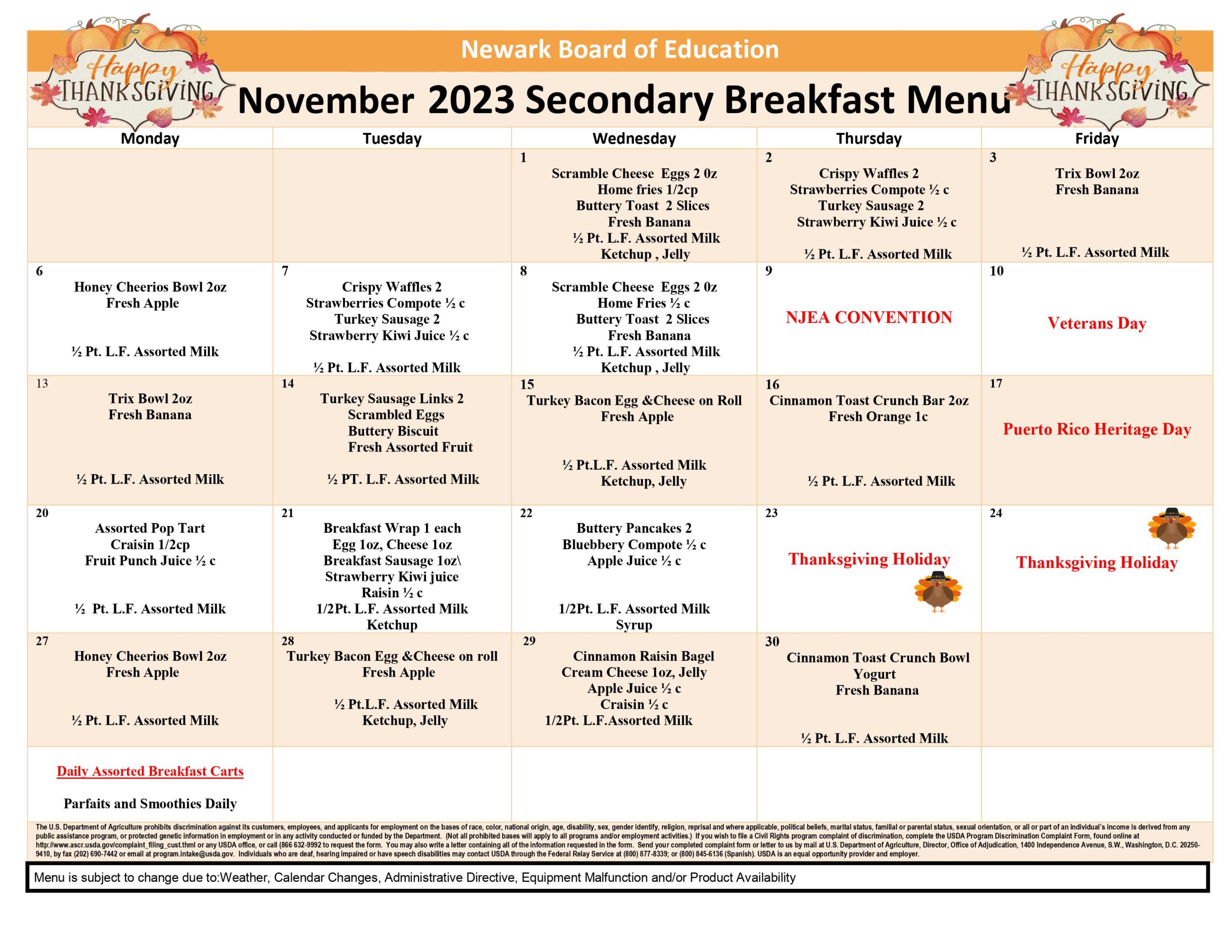 November 2023 - Secondary Breakfast Menu