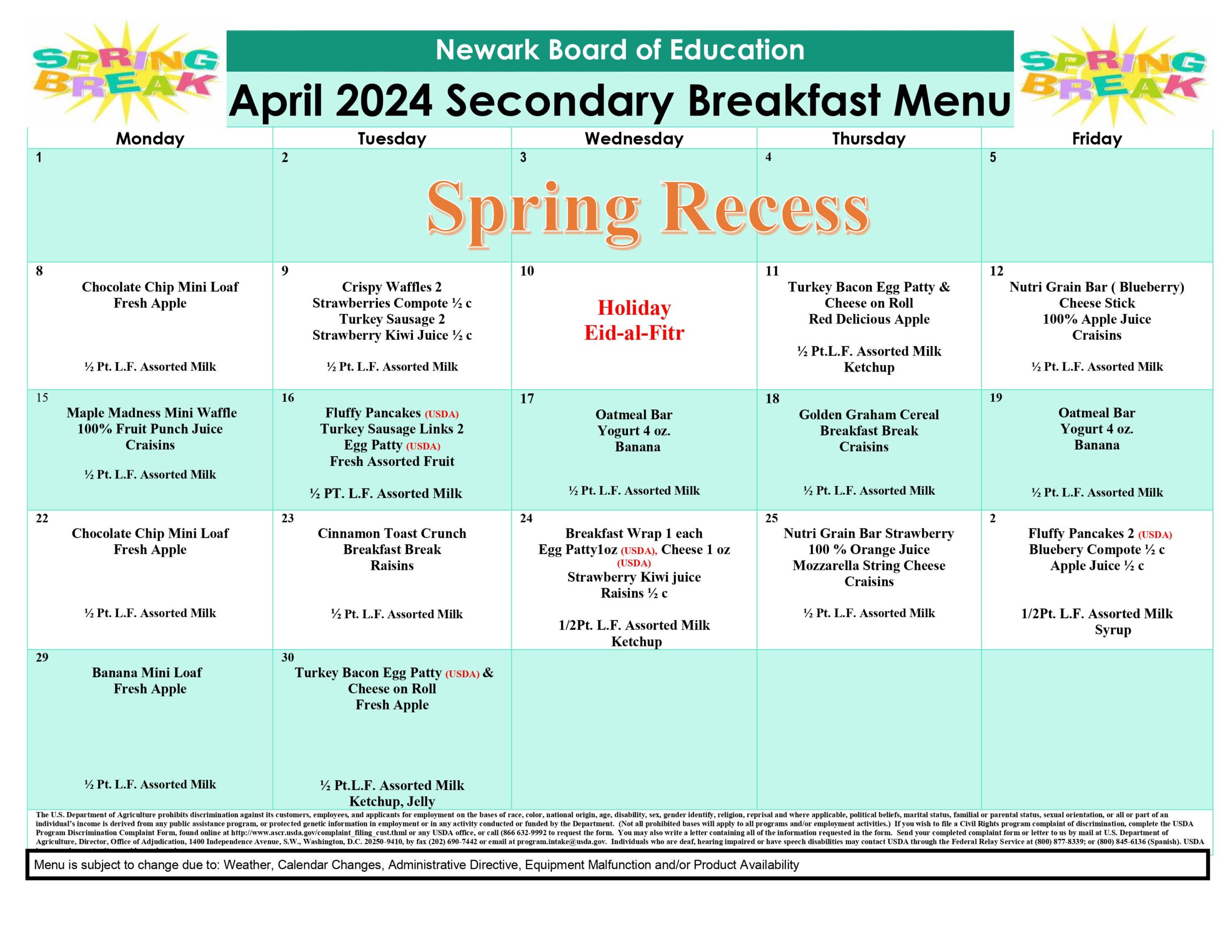 April 2024 - Secondary Breakfast Menu