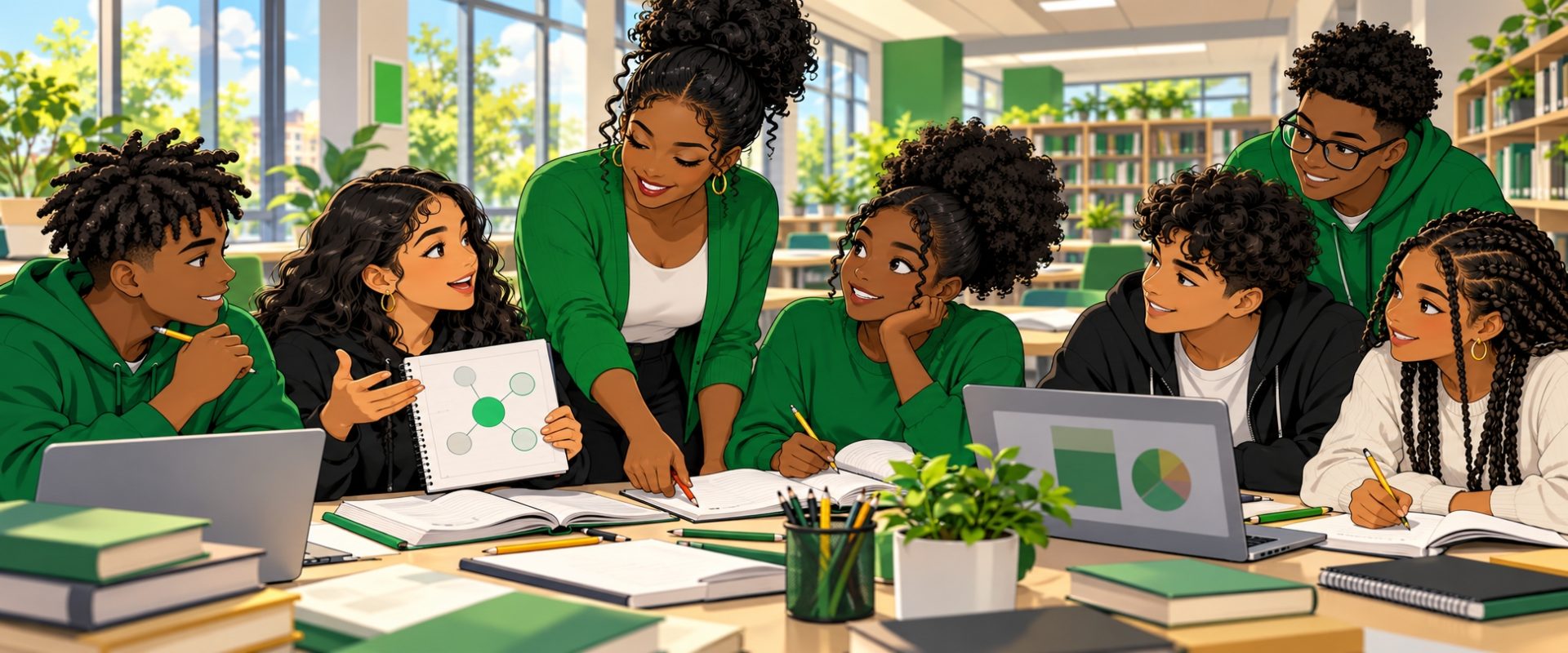 Anime illustration of diverse students studying together with a teacher in a bright school learning commons.