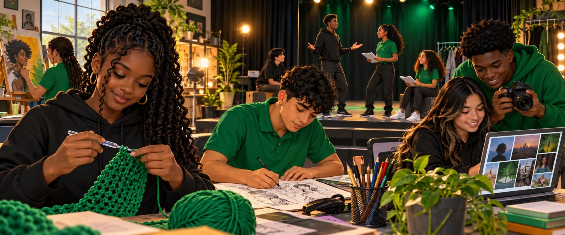 Anime illustration of diverse students crocheting, drawing comics, taking photographs, arranging image layouts, and rehearsing a dramatic scene.
