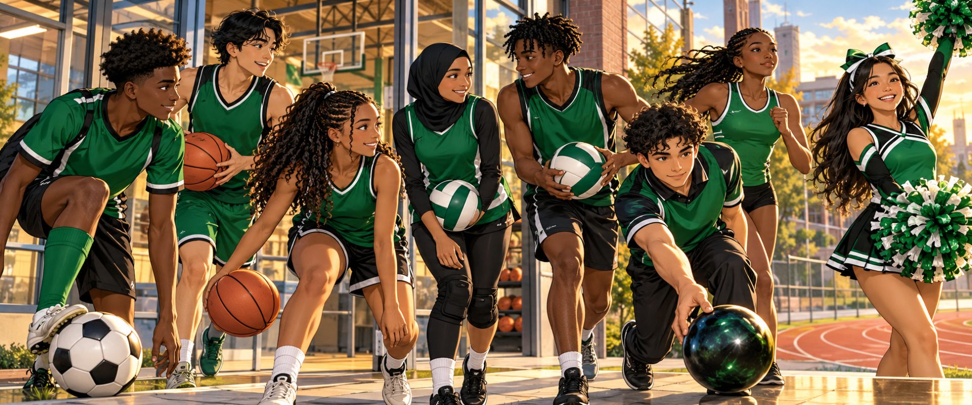 Diverse anime-style high school athletes representing soccer, basketball, volleyball, bowling, track, and cheer in green and black uniforms.