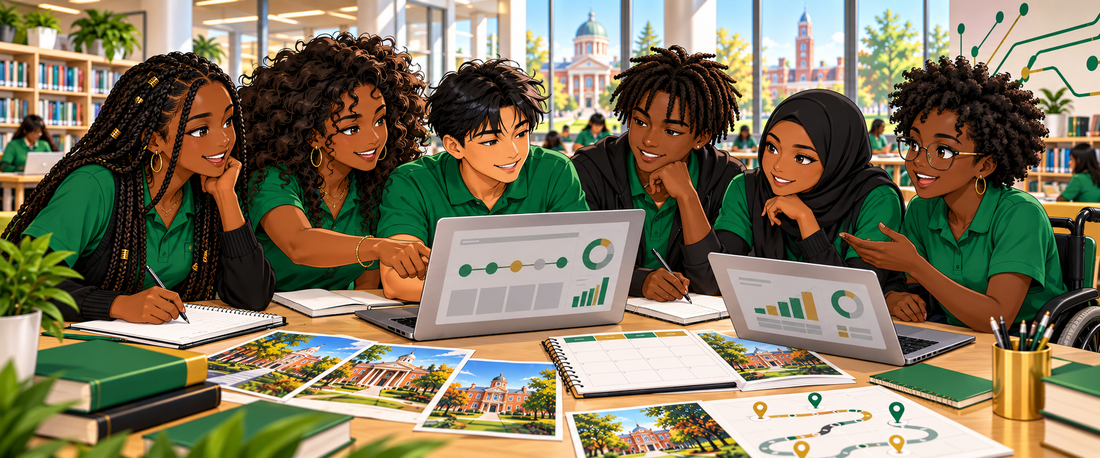 Diverse anime-style students collaborating on college and career plans in a bright school library.