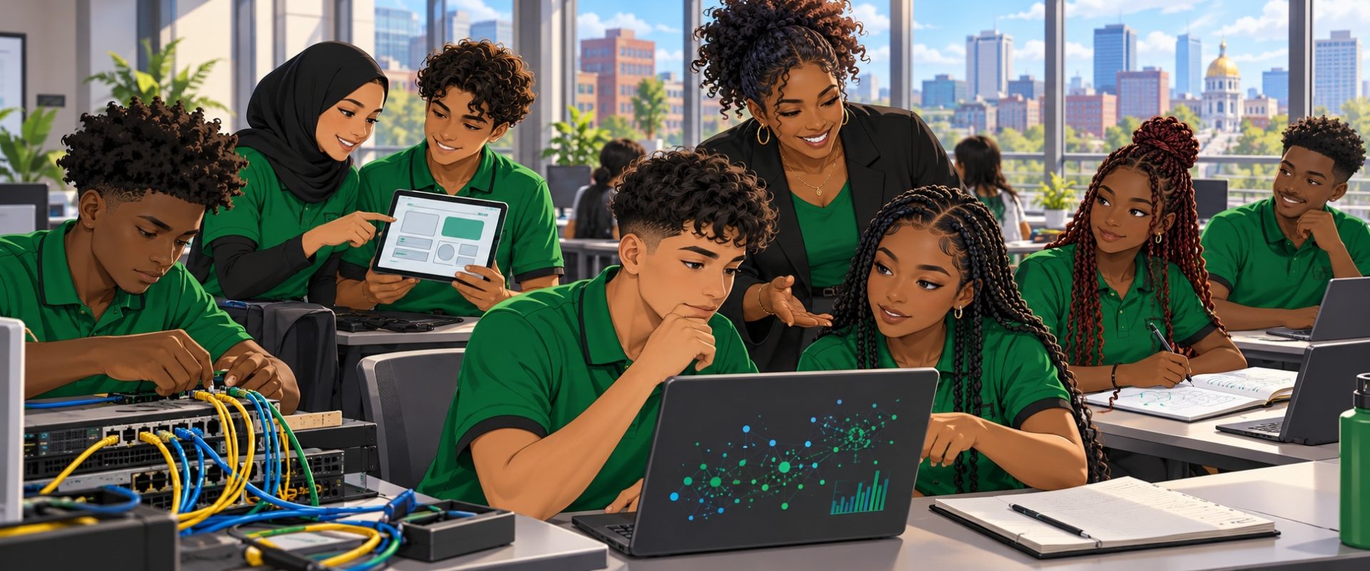 Diverse anime-style high school students working with an instructor on data, networking, and app design in a college technology classroom.