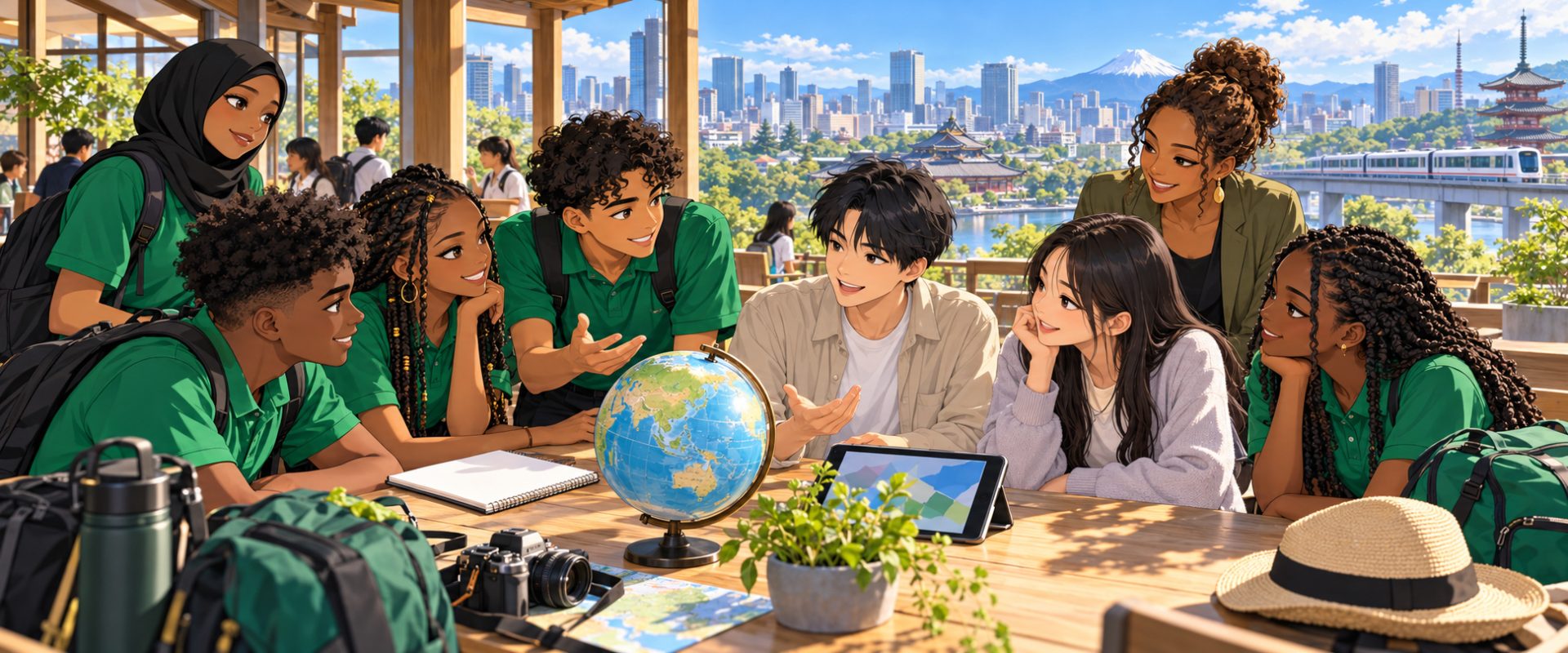Diverse anime-style students in green school polos exchanging ideas with peers during an educational visit in Japan.