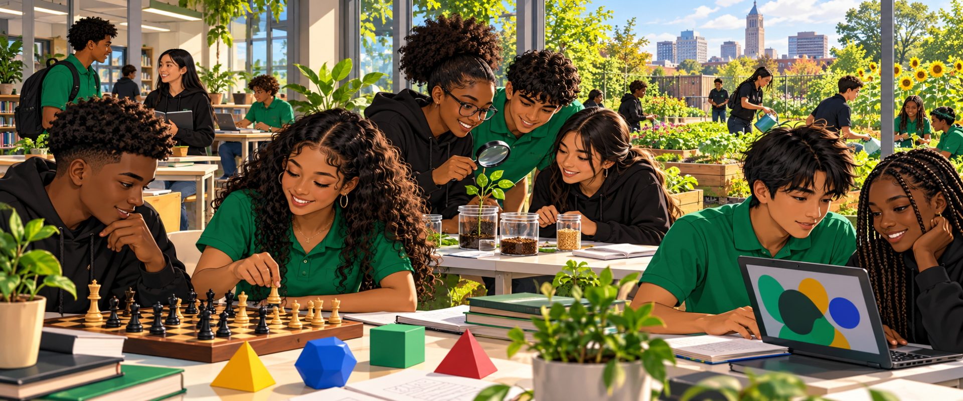 Anime illustration of diverse students exploring chess, plant research, geometric puzzles, and gardening together.