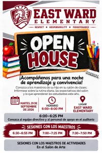 East Ward Elementary School Open House flyer featuring the Warriors logo in maroon and gray. The flyer invites families to attend Open House on Tuesday, September 29, 2026, from 6:00 PM to 8:00 PM at East Ward Elementary. Families will meet administrators and support staff from 6:00 PM to 6:25 PM in the auditorium, followed by three teacher session rotations from 6:30 PM to 6:55 PM, 7:00 PM to 7:25 PM, and 7:30 PM to 7:50 PM. Activity teacher sessions will be held in the Art Room. The design includes a chalkboard reading “Open House,” books, an apple, and school supplies. Provide your feedback on BizChat