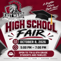 Promotional graphic for East Ward Elementary School's High School Fair. The design features the East Ward Warriors logo in maroon, gray, white, and black colors, alongside a graduation cap illustration. Large text reads "High School Fair." Event details include October 8, 2026, from 5:00 PM to 7:00 PM, and note that the event is open to 7th and 8th grade students and families. The graphic encourages families to explore high school opportunities through Newark Public Schools. The background uses East Ward branding colors with maroon and gray accents and includes the slogan "A Brighter Future Starts Here!" and "Explore • Learn • Plan • Succeed."