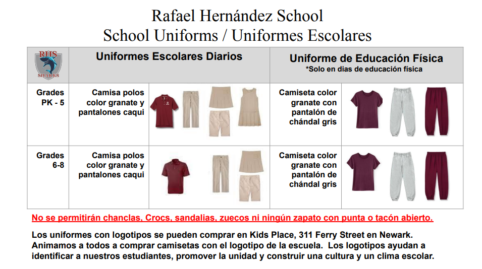 Uniformes Escolores Diarios: Camisa polos color granate y pantalones caqui. Uniforme de Educación Física: Camiseta color granate con pantalón de chándal gris.
