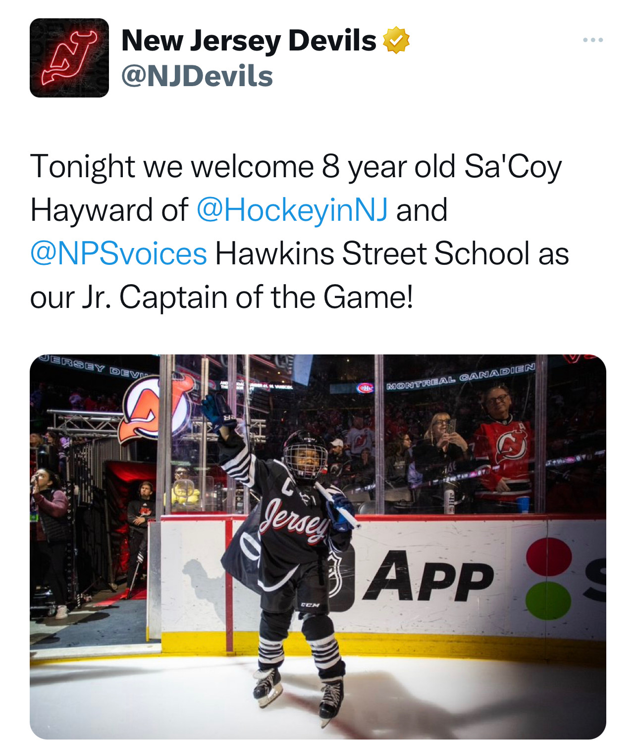New jersey Devils Tonight we welcome 8 year old Sa'Coy Hayward of @HockeyinNJ and @NPSvoices Hawkins Street School as our Jr. Captain of the game!