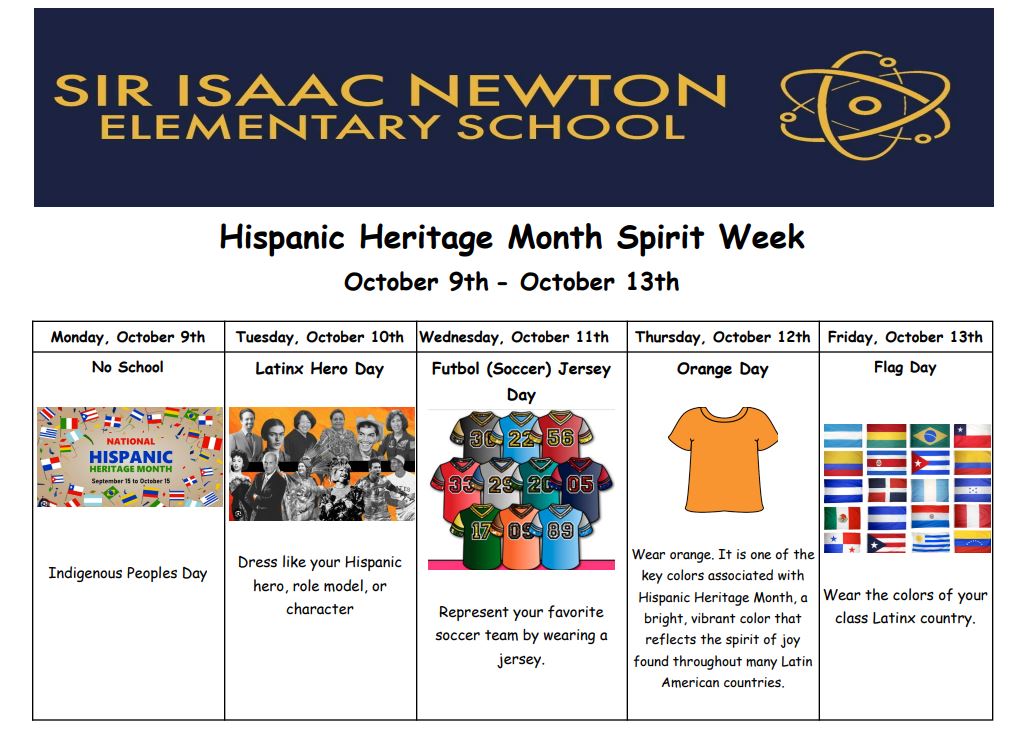 Hispanic Heritage Month Spirit Week 23-24 - Sir Isaac Newton Elementary ...