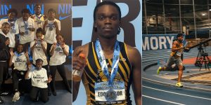 Left: Some of the Malcolm X Shabazz High School Indoor Track Team members who were named All Americans last weekend. Center: David Edokpolor after winning setting a new school record in the 800-meter. Right: Emmanuel Akingunola leading the Malcolm X Shabazz High School shuttle hurdle relay team last weekend.