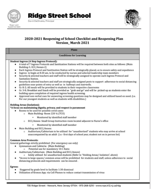 2020-2021 Reopening of School Checklist and Reopening Plan - Ridge Street