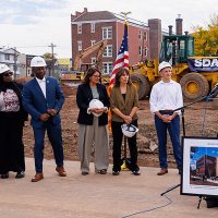 Photo caption: Superintendent León speaks as local and state officials stand nearby. From left, Newark City Councilman At-Large C. Lawrence Crump, Board of Education Member Kanileah Anderson, Newark City Councilman for the South Ward Patrick Council, N.J. Assemblywoman Eliana Pintor Marin, N.J. Senate Majority Leader M. Teresa Ruiz, and SDA Chief Executive Officer Manuel Da Silva.