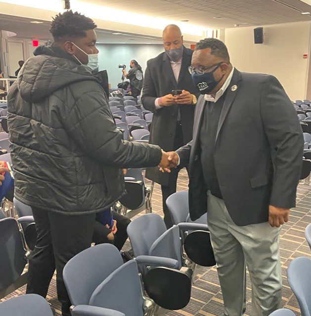 Students from Malcolm X Shabazz HS meet and greet Kean University President Dr. Lamont O. Repollet at the Kean University Generation 2 Generation Male Empowerment Symposium