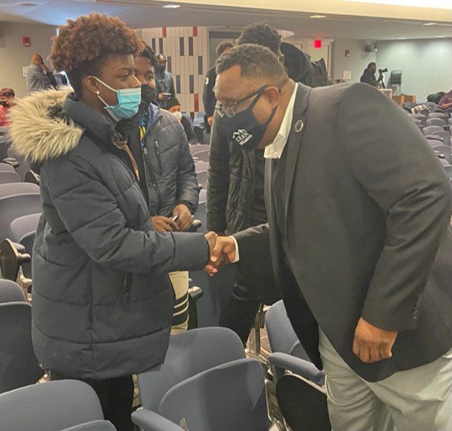 Students from Malcolm X Shabazz HS meet and greet Kean University President Dr. Lamont O. Repollet at the Kean University Generation 2 Generation Male Empowerment Symposium