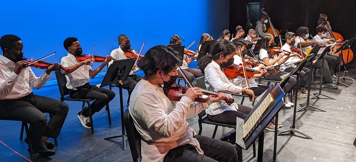 Middle school orchestra students from several Newark Public Schools performing during filming of the virtual All City Music Concert on May 5th, 2022.