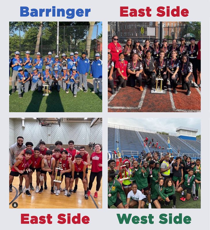 Team Champions from Barringer’s Baseball team, East Side’s Softball and Boys’ Volleyball teams, and West Side’s Girls’ and Boys’ Track teams pose with their first place trophies