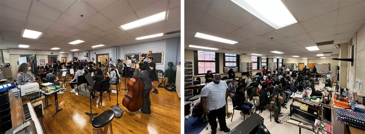 String and band students from across the state convene in music classrooms at Arts High School for a working session during the NJMEA 6-12 String Academy and NJMEA HS Band Academy