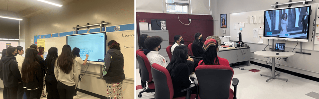 Left Photo: Students at Newark School of Fashion & Design interacting with a Smartboard to solve a Free Fall Problem using (GRAVITY) in order to solve the problem<br><br>Right Photo: Student representatives share current Fashion News via a Schoolwide convocation using the Smartboard