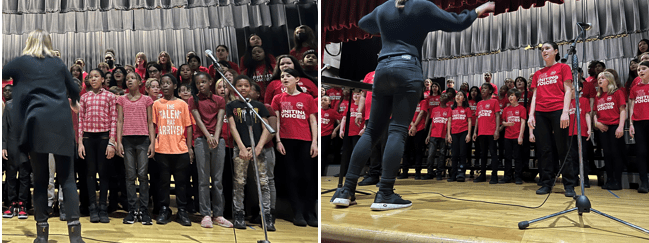 Left: Speedway Avenue students rehearse a song with Uniting Voices Chicago; Right: Members of Uniting Voices perform for an audience of Speedway Avenue students