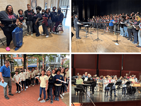 Top: Students arriving at Newark Symphony Hall on concert day; Guest Conductor Vinroy D. Brown Jr. (Westminster Choir College) rehearses with students on stage at Newark Symphony Hall
Bottom: Third and fourth grade students debark buses and line up with recorders in hand ready to enter NJPAC; Small ensembles performing original student-created music compositions on stage in Prudential Hall at NJPAC