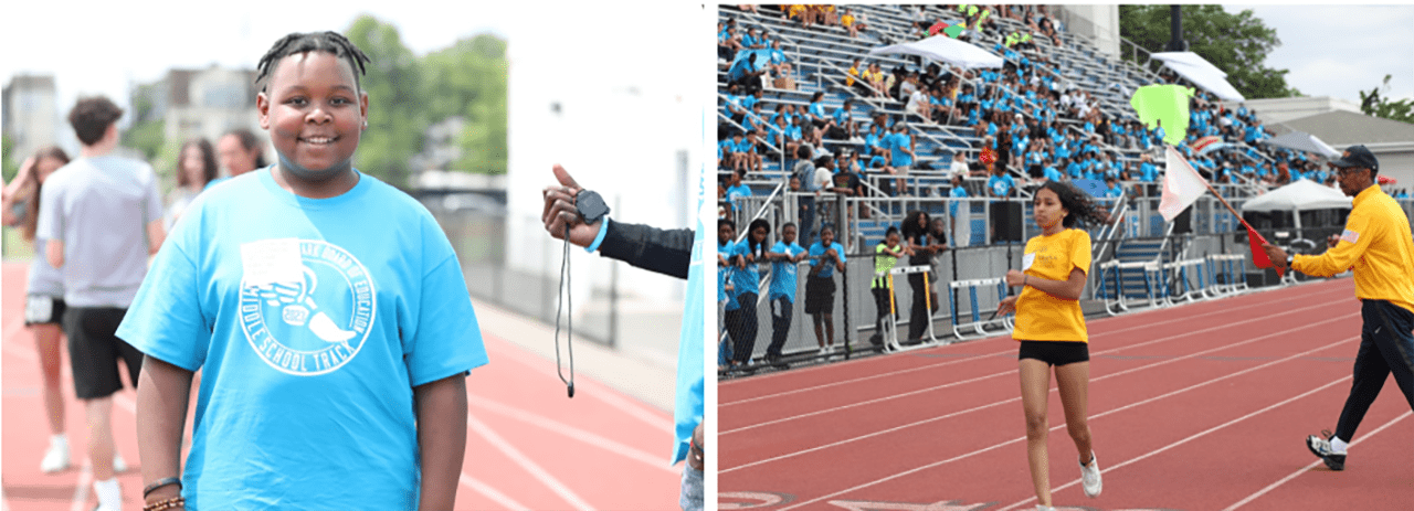 Middle School Students competing in the Middle School Track Festival. (Left Photo) Josh Manderville, Harriet Tubman School (Right Photo)