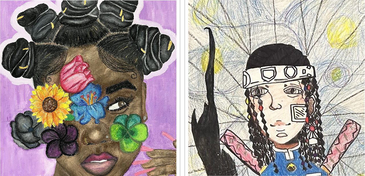 Original artwork created by students in the Culture Creators: High School Arts program and the Summer Visual and Performing Arts Academy will be on display at the Newark Museum of Art and Greater Newark Conservancy as part of the Newark Arts Festival and Open Doors Kids 2023
Left Photo: Bantu Girl by Kimani Davis, Grade 10, Arts High School 
Right Photo: Self-Portrait by Aja Swangin, Grade 7, Roberto Clemente