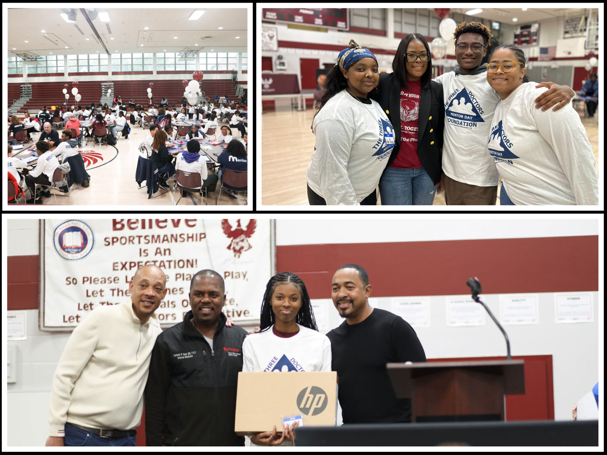Career Professionals join University High School students to offer a day of mentoring, learning and inspiration; University High School Principal Genique Flournoy-Hamilton with students participating in Mentor Day; Doctors Sampson Davis, Rameck Hunt and George Jenkins award laptop to University High School student Mariama Cisse