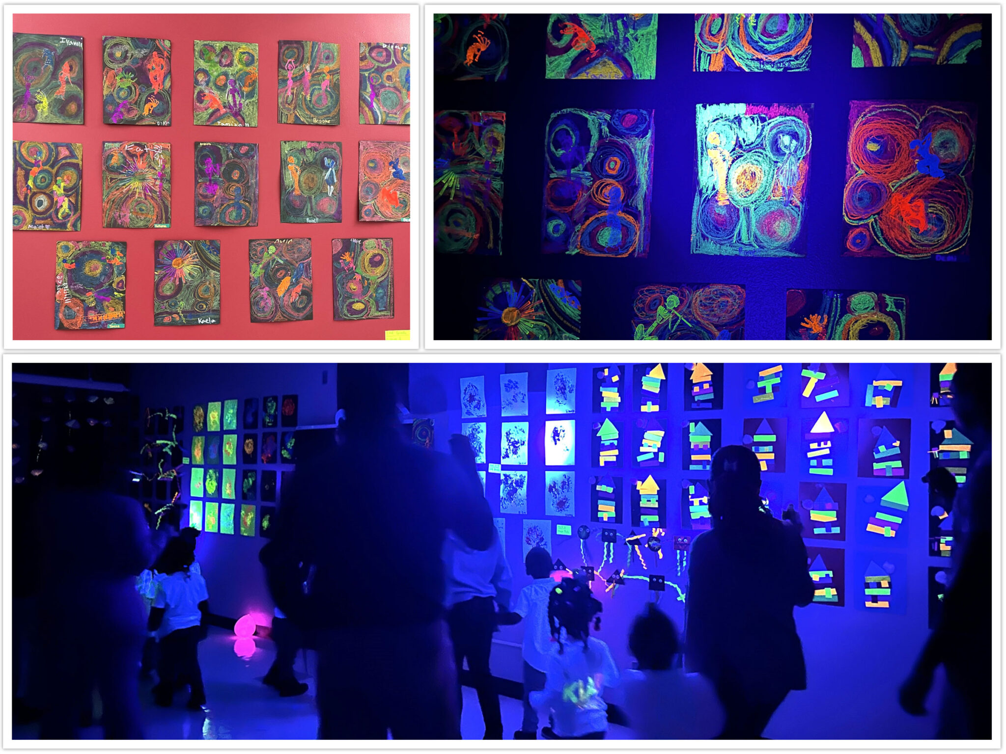 Parents, students, and staff delight walking through the Art Glow exhibit at Michelle Obama Elementary School where the art classroom was transformed into a gallery. Above, grade 2 artwork shown in regular light and flashlight