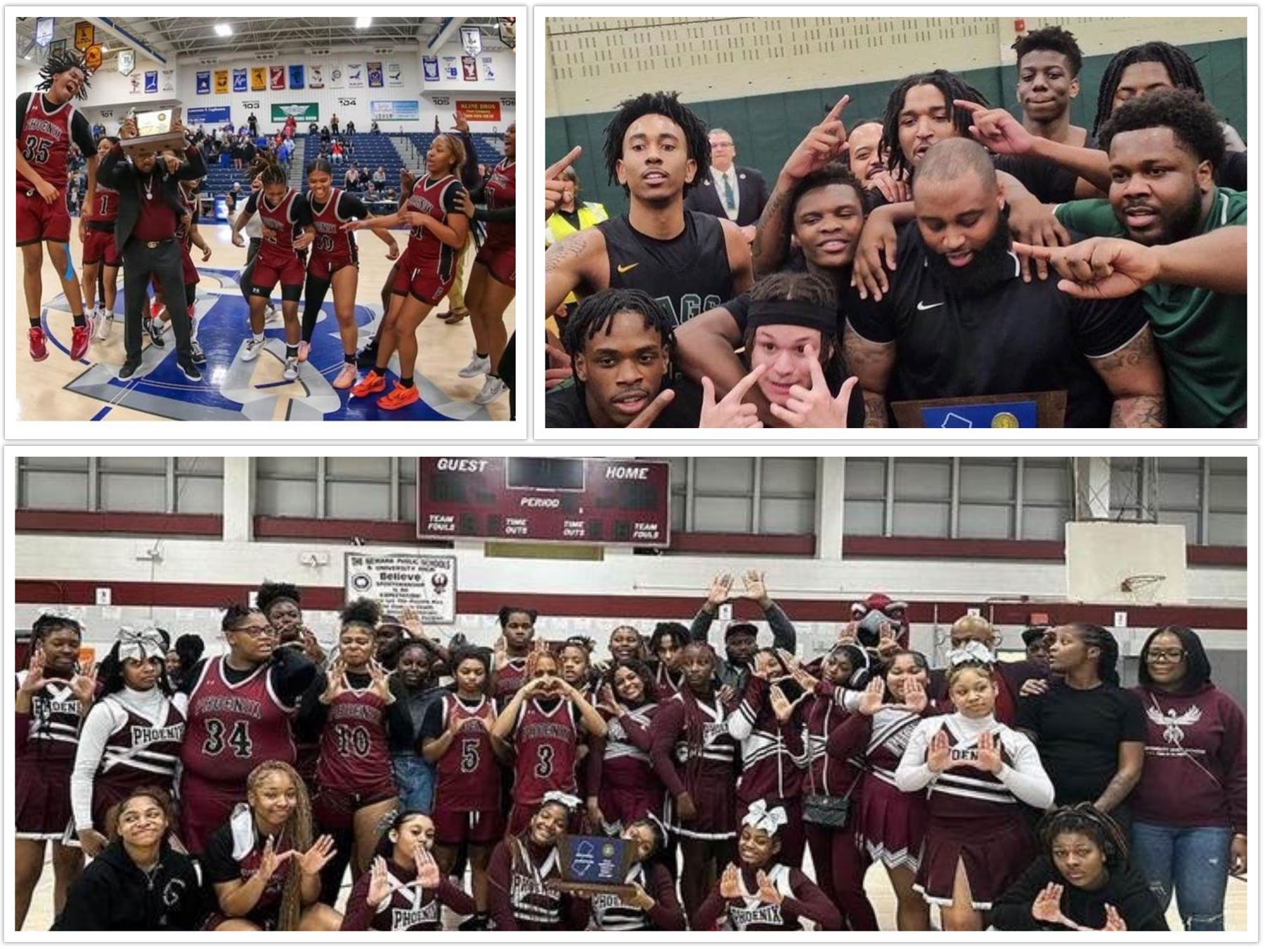 Left-to-Right: University High School Lady Phoenix, NJSIAA Group I State Champions; Arts High School Boys Basketball 2023-24 North 2 Group 2 Sectional Champions; University High School Girls Basketball 2023-24 North 2 Group 1 Sectional Champions 