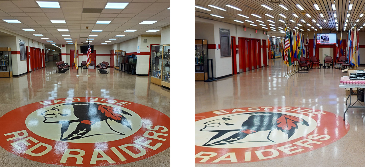 East Side High School lobby receives new ceiling and LED lighting (Left: Before, Right: After)