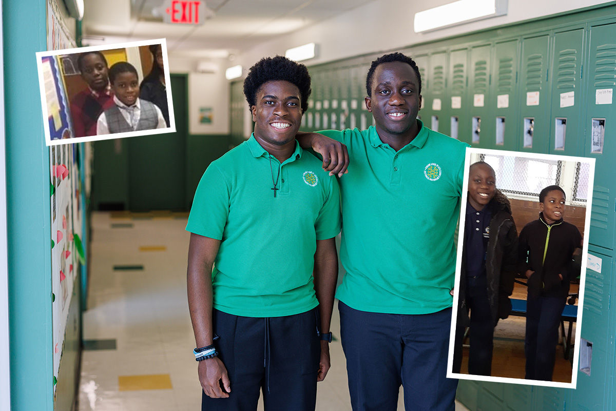 Main Photo: Bryan Oko, left, and Abdulqudus “Abdul” Morakinyo, friends since childhood who have been accepted to Brown University. Inset Left: A photo of Abdul and Bryan as second graders. Inset Right: Abdul, left, and Bryan as second graders.