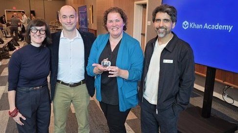 From left, Khan Academy Chief External Relations Officer Vicki Zubovic, Newark Public Schools Director of Enrollment Alan Usherenko, Newark Public Schools Assistant Superintendent Rosa Branco, Khan Academy Founder Sal Khan.