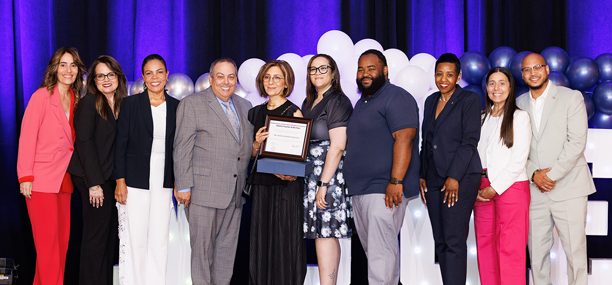 From left: N.J. State Senate Majority Leader M. Teresa Ruiz, Assistant Superintendent of Human Resource Services Dr. Yolanda Mendez, Assistant Superintendent Dr. Maria Ortiz, Superintendent León, Teacher of the Year Dr. Farah Ramezanzadeh, Newark School of Data Science & Information Technology Principal Dr. Liana Summey, Board of President Hasani K. Council, Deputy Superintendent Yolonda Severe, Board Co-Vice President Helena Vinhas, Board Member Jordy Nivar.