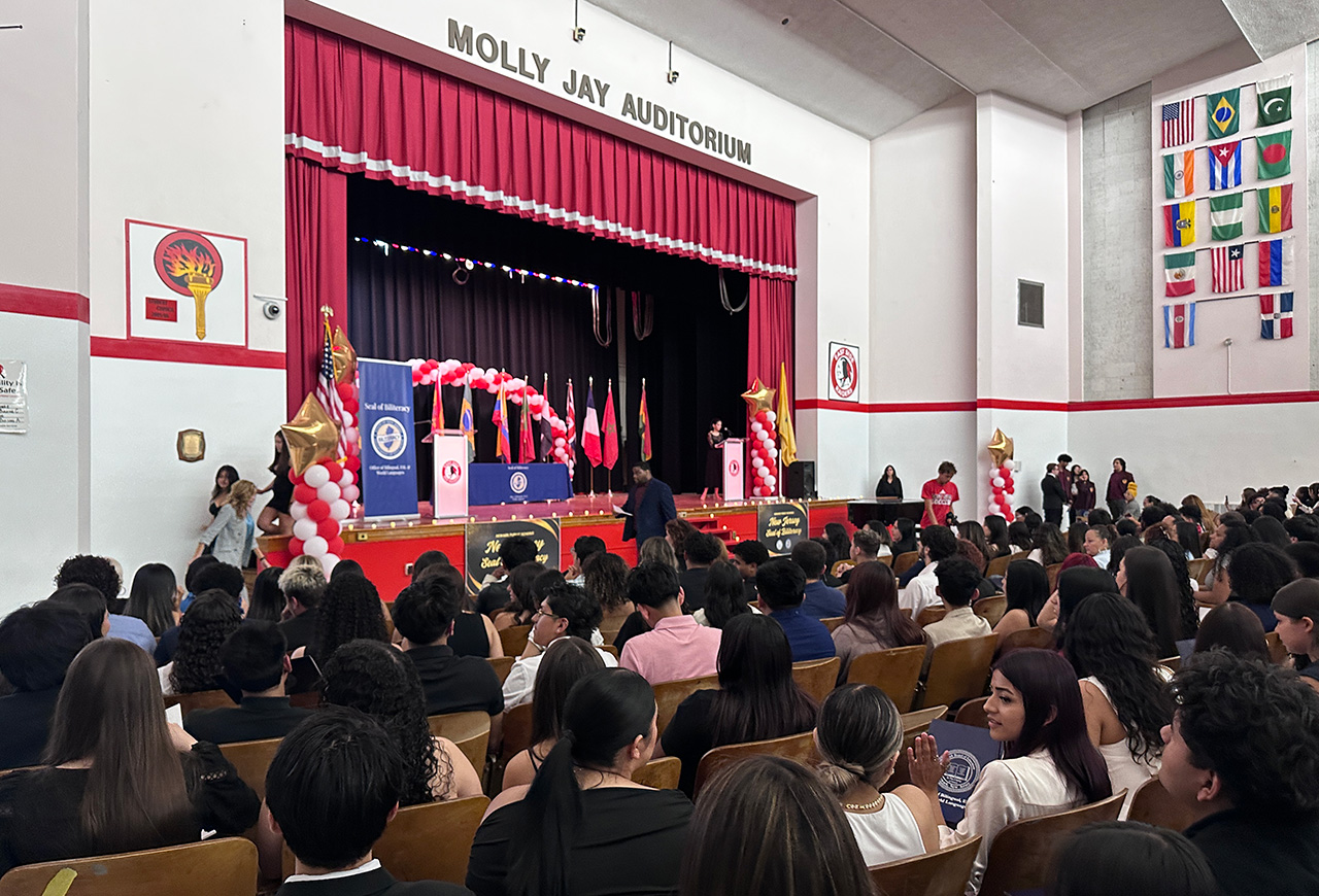 Newark Public Schools high school seniors who earned the New Jersey State Seal of Biliteracy gathered at the district’s annual ceremony in June.  