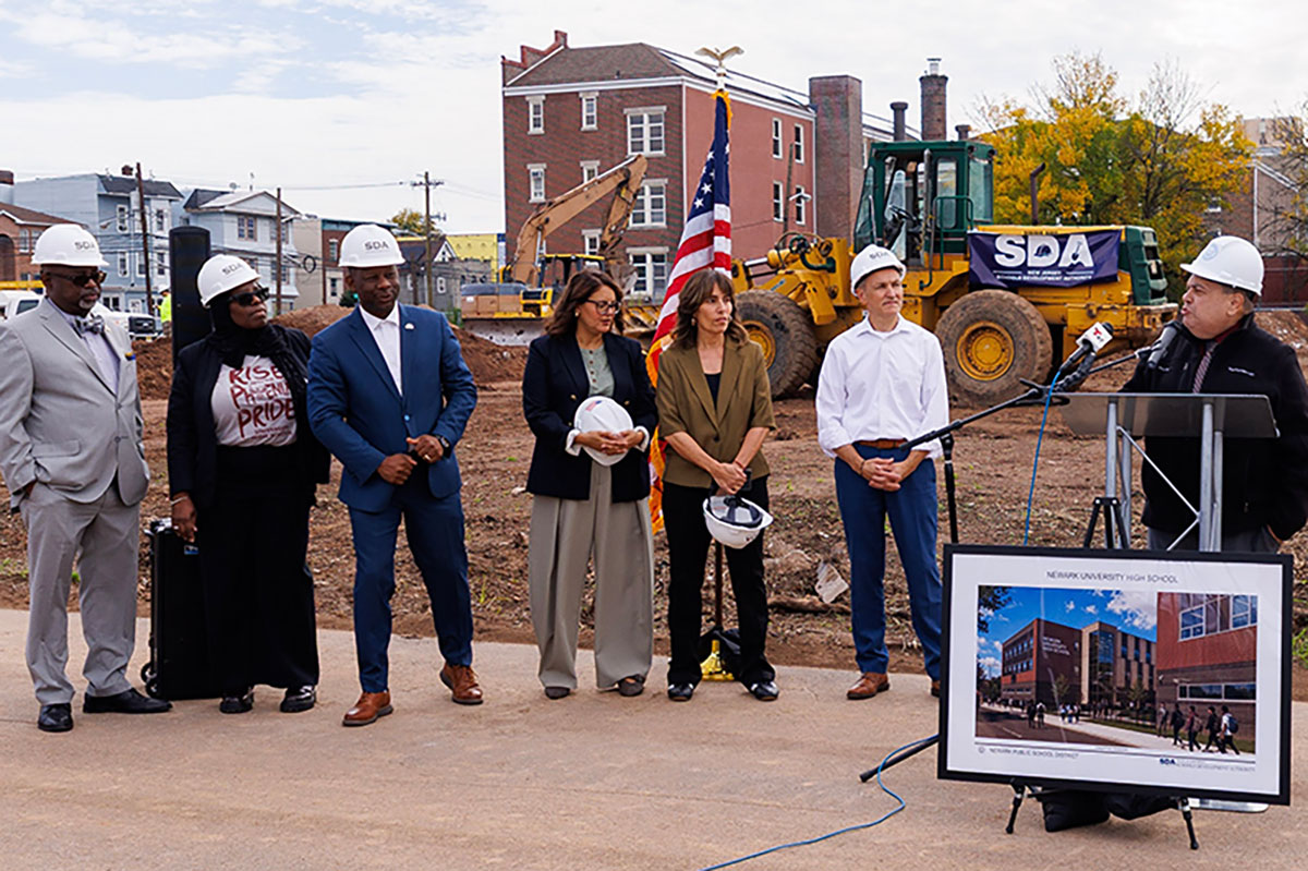 Photo caption: Superintendent León speaks as local and state officials stand nearby. From left, Newark City Councilman At-Large C. Lawrence Crump, Board of Education Member Kanileah Anderson, Newark City Councilman for the South Ward Patrick Council, N.J. Assemblywoman Eliana Pintor Marin, N.J. Senate Majority Leader M. Teresa Ruiz, and SDA Chief Executive Officer Manuel Da Silva.