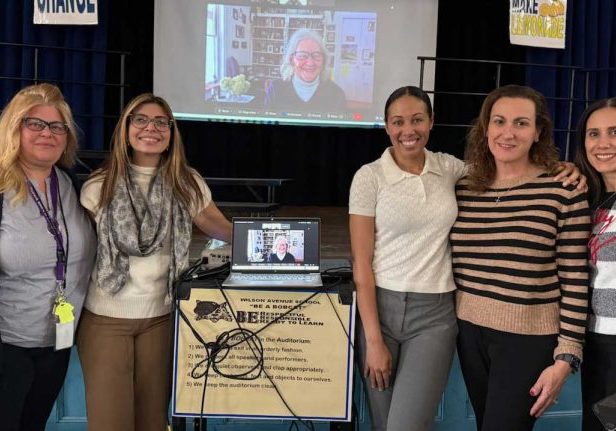 From left, Wilson Vice-Principal Isabel Fernandes, Principal Tania Sousa, Virginia Euwer Wolff (on screen), Eighth Grade Teacher Pamela Cassell, Eighth Grade Teacher Roseann Lucas, and Literary Coach Susie Fernandes