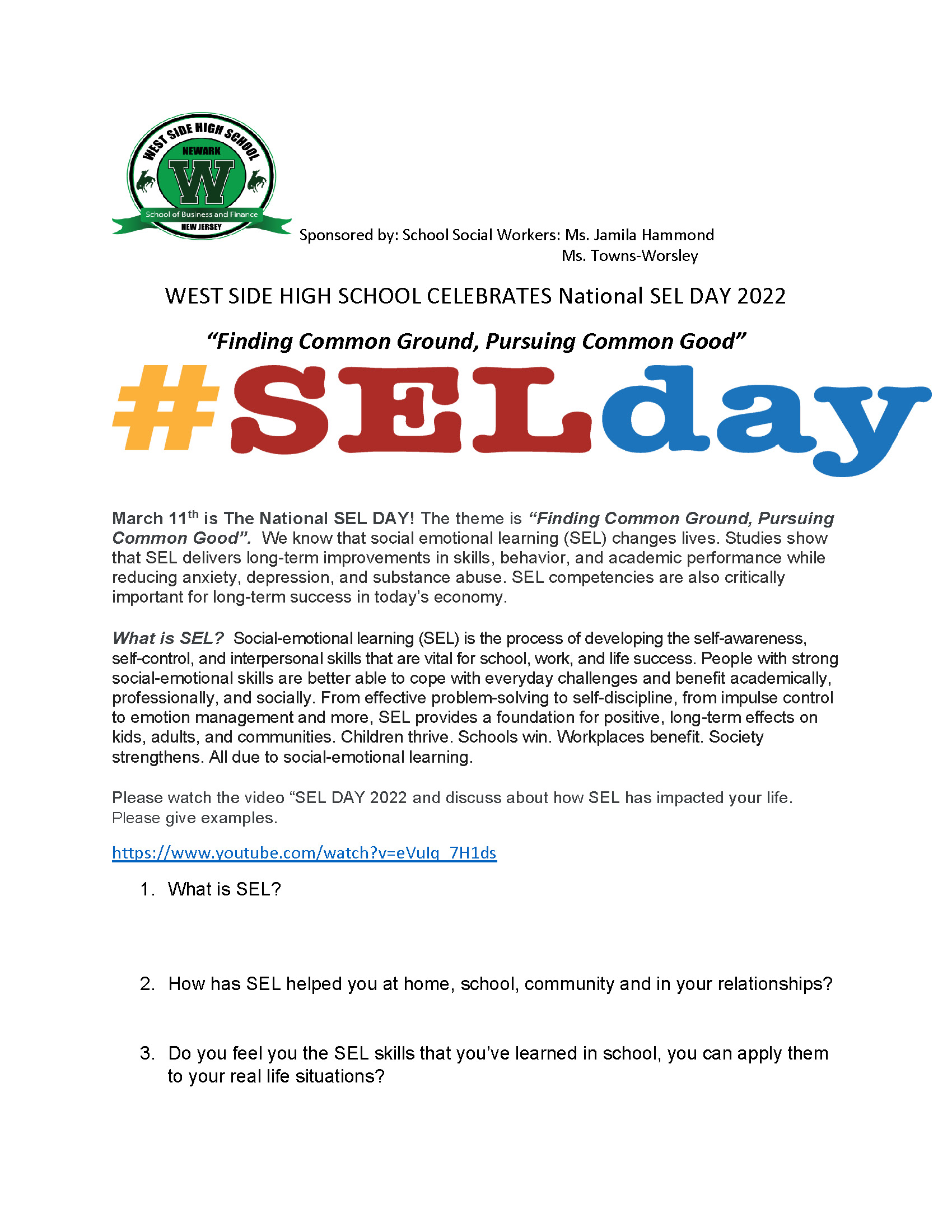 WEST SIDE HIGH SCHOOL CELEBRATES SEL 2022 flyer (Final)